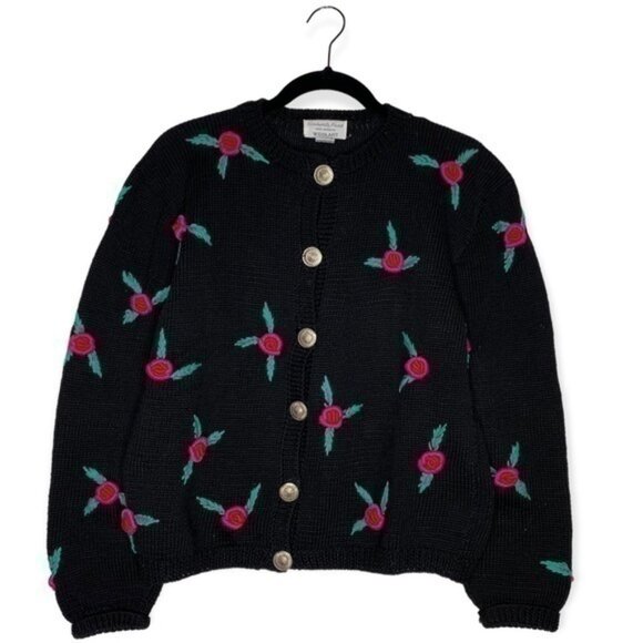 Vintage 80s Roberta Frost hand knit by Woolart black rose knit cardigan - Picture 1 of 10